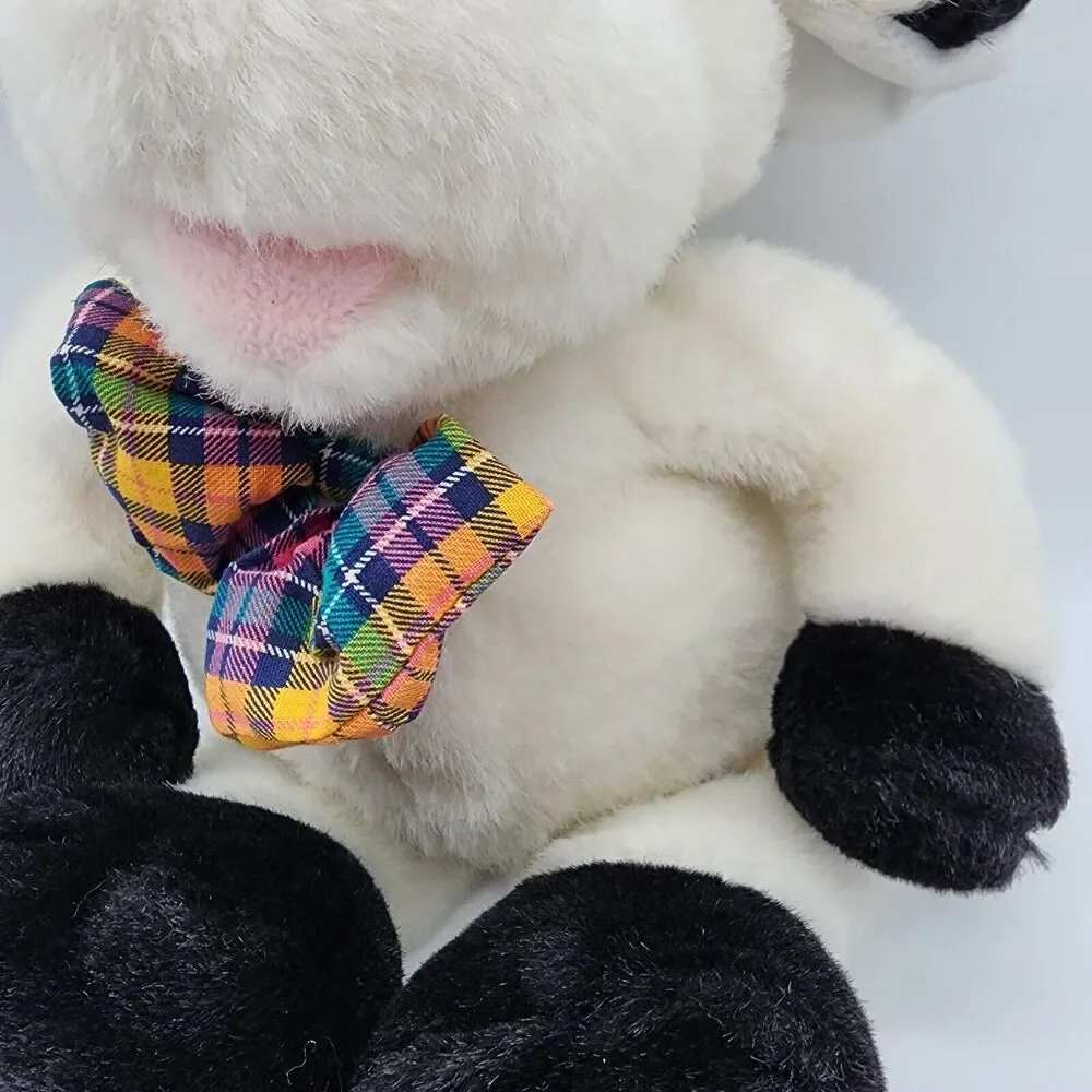 Commonwealth Cow Plush 15” Black White Fur Plaid Bow Flat Eyes Stuffed Animal